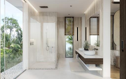 Modern bathroom with glass shower and dual sinks