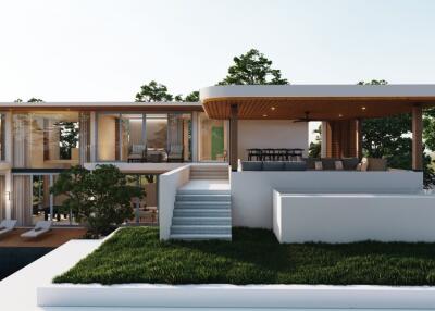 Modern two-story house with outdoor seating area