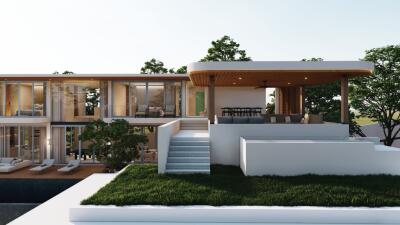 Modern two-story house with outdoor seating area