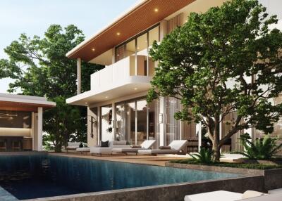 Modern outdoor area with pool and lounge seating