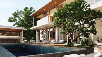 Modern outdoor area with pool and lounge seating