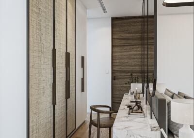 Modern living room with wooden accents and marble console table