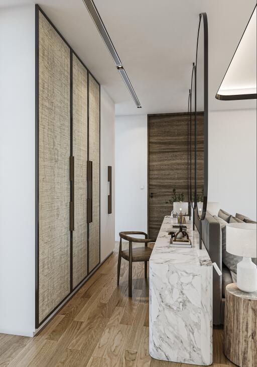 Modern living room with wooden accents and marble console table