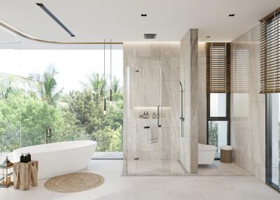 Modern luxurious bathroom with natural views