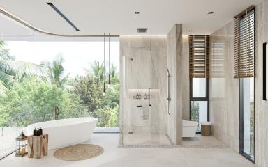 Modern luxurious bathroom with natural views