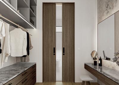 Modern walk-in closet with vanity