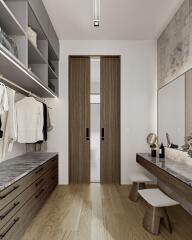 Modern walk-in closet with vanity