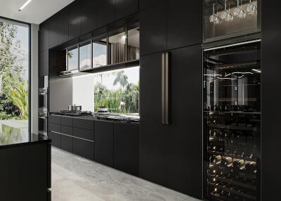 Modern kitchen with black cabinetry and wine cooler