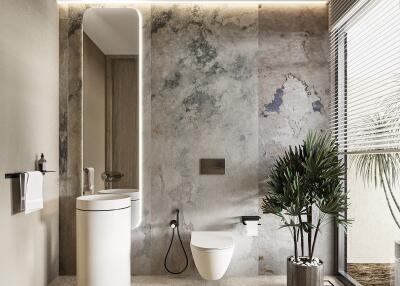 Modern bathroom with greenery and large mirror