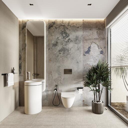 Modern bathroom with greenery and large mirror