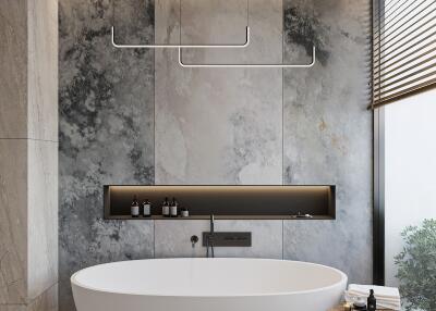 Modern bathroom with freestanding tub and decorative wall