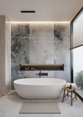 Modern bathroom with freestanding tub and decorative wall