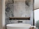 Modern bathroom with freestanding tub and decorative wall