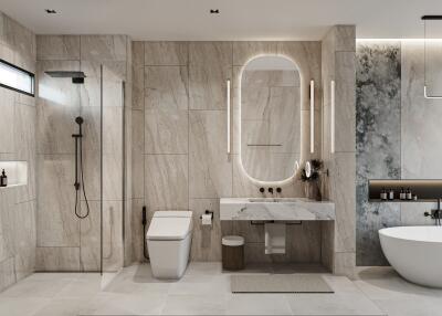 Modern bathroom with marble walls