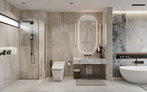 Modern bathroom with marble walls