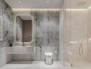 Modern bathroom with marble walls and glass shower