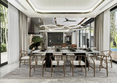 Modern dining room with a large table and chairs, open views to the backyard