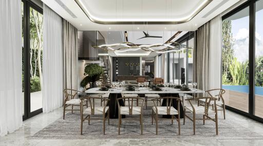 Modern dining room with a large table and chairs, open views to the backyard