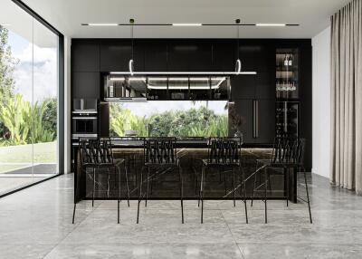 Modern kitchen with black cabinetry and island