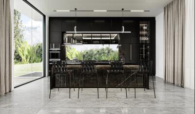 Modern kitchen with black cabinetry and island