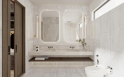 Modern bathroom with large mirrors and double sinks