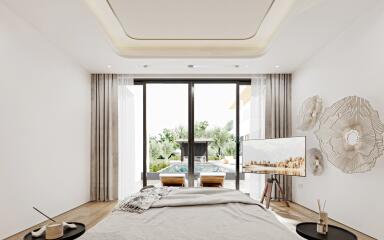 Modern Bedroom with Poolside View and Artistic Decor