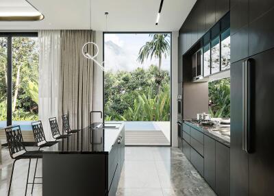 Modern kitchen with island and outdoor views