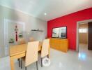 Modern dining room with wooden table and beige chairs