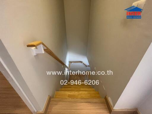 Indoor wooden staircase with handrail