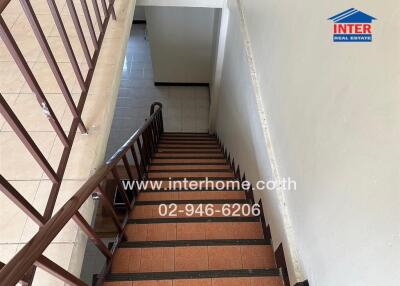 Interior staircase leading downwards with a side railing and tiled steps.