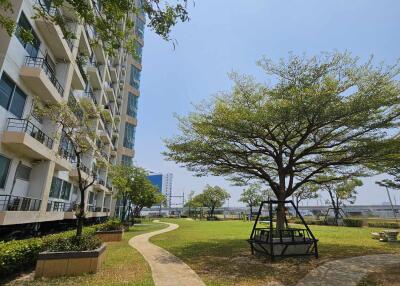 A view of the outdoor garden area with a walking path and a residential building