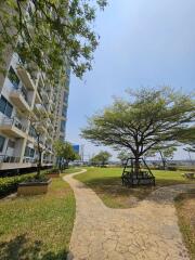 A view of the outdoor garden area with a walking path and a residential building