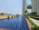 rooftop pool with view of cityscape