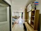 Modern bedroom with desk and storage units