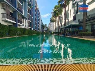 Community swimming pool surrounded by apartment buildings