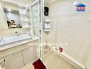 Modern bathroom with a sink, shower, and shelving