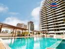 Swimming pool with surrounding buildings