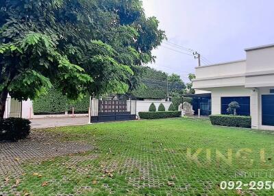 Front yard with lawn and trees in front of a modern building