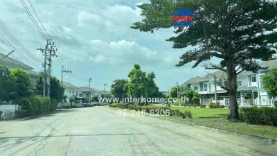 Suburban neighborhood street with houses and greenery