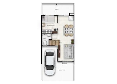 Floor plan showing layout with garage, living area, kitchen, bedrooms, and bathrooms