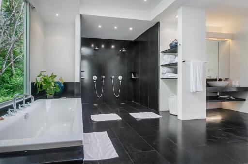 Modern bathroom with black-tiled walk-in shower and white bathtub