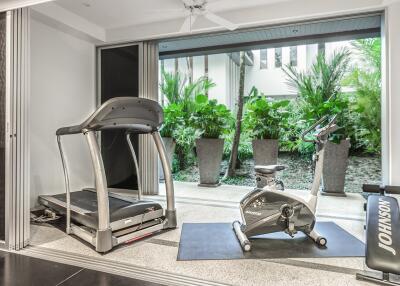 Home gym with treadmill and exercise bike overlooking a garden