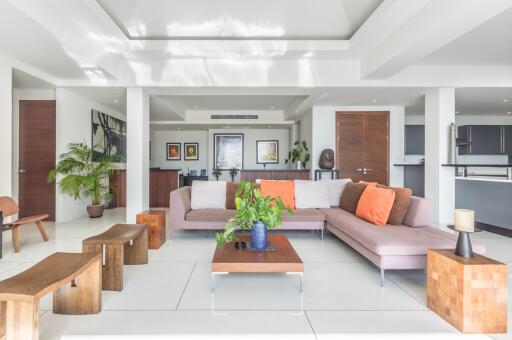 Modern living room with sectional sofa and indoor plants