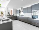 Modern kitchen with sleek gray cabinetry and stainless steel appliances