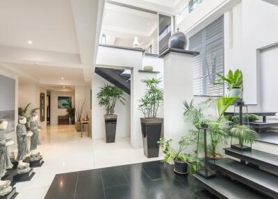 Modern hallway with indoor plants and statues