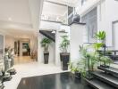 Modern hallway with indoor plants and statues