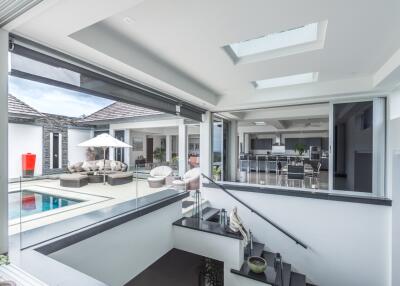 Spacious modern main living area with view of the pool and outdoor seating