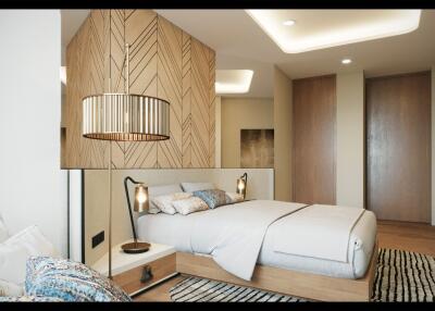 Modern bedroom with decorative wall paneling, hanging lamps, and a comfortable bed