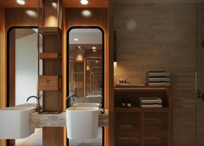 Modern bathroom with double sinks and large mirror