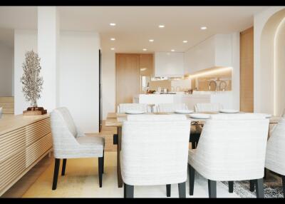 Modern dining room with white chairs and lighting